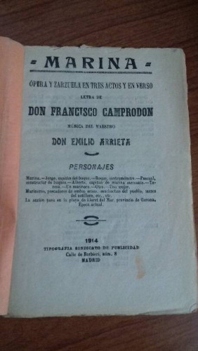 Portada del libro de MARINA OPERA Y ZARZUELA EN TRES ACTOS Y EN VERSO